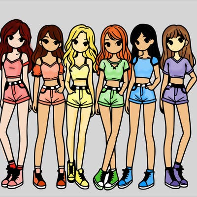 a group of girls wearing crop tops and shorts