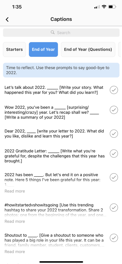 A list of Instagram caption templates and reflection prompts for social media posts.