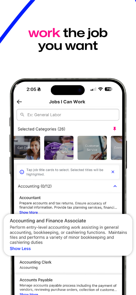 Smartphone screen showing the swipejobs app with job categories and an accounting job description