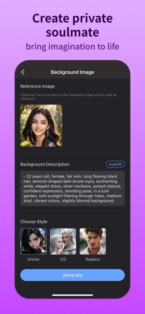 Mobile app interface showing the process of creating a custom AI character with style options and a text description prompt
