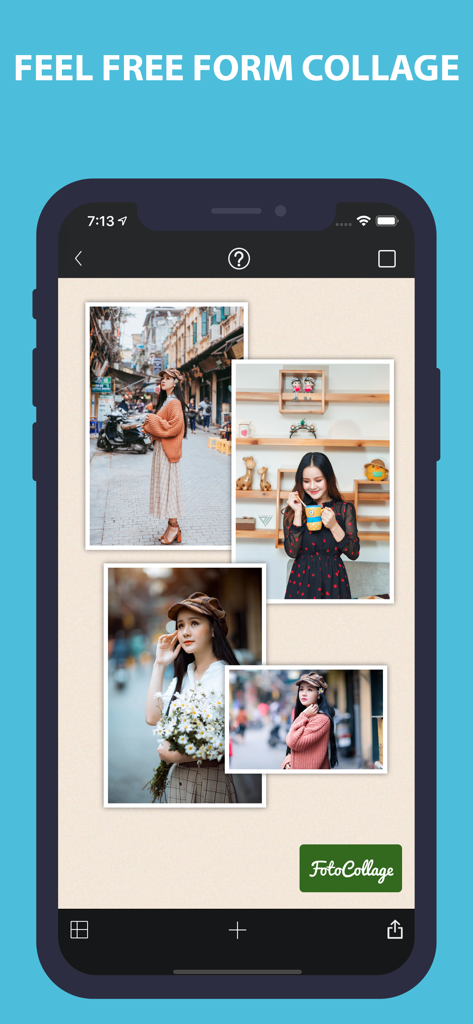 Smartphone-Bildschirm mit der Freestyle-Collagen-Funktion der Foto Collage App mit mehreren Fotos.