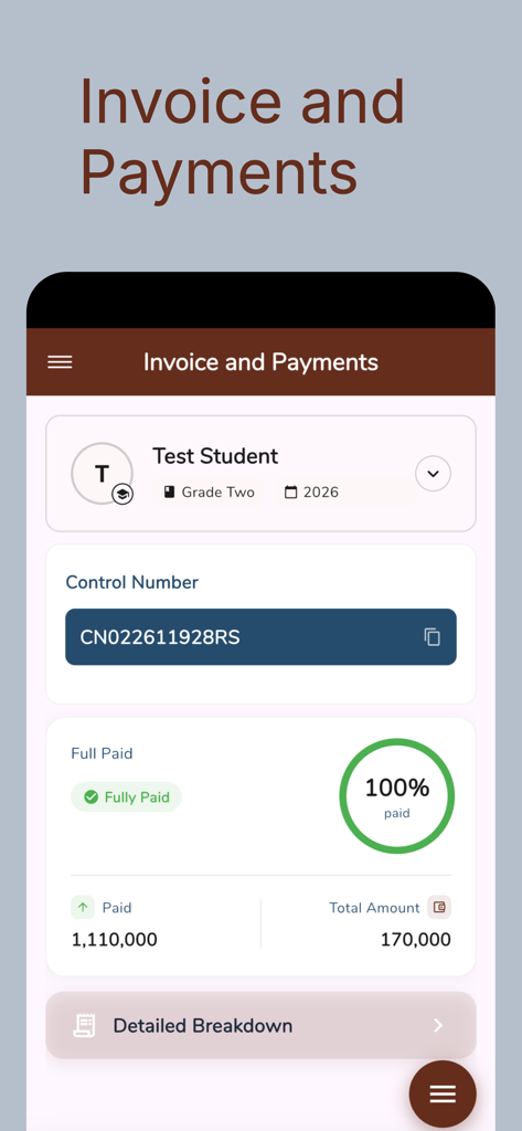 New York Schools - Mobile screen showing student invoice details and payment progress within the New York Schools app