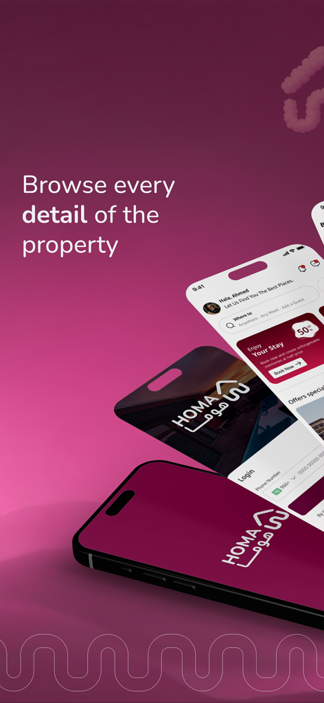 Homa‎ - Interfaz de la aplicación de viajes Homa para explorar detalles de propiedades y reservar estancias en dispositivos móviles