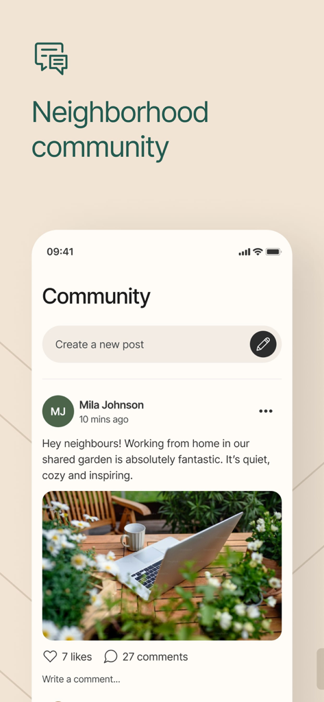 A mobile phone screen displaying a community feed where neighbors can share posts and photos