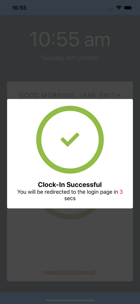 Gig Grafter Punch Clock - Gig Grafter Punch Clock app screen displaying a successful clock in message with a green checkmark icon