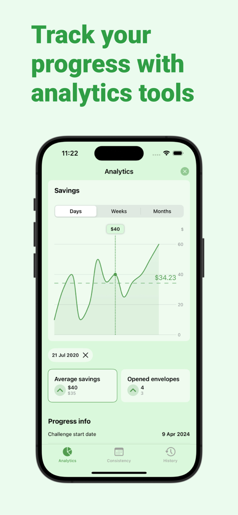 Savings Tracker - Envelopes - Pantalla de análisis mostrando un gráfico de progreso de ahorros y estadísticas del desafío de sobres