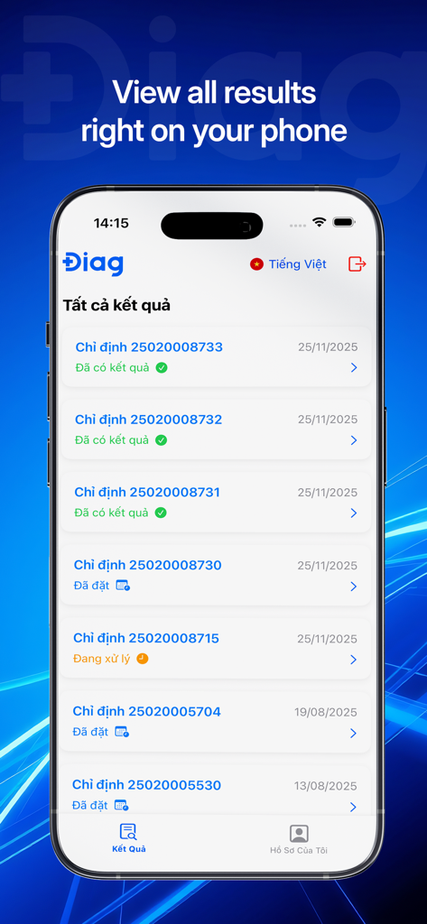 DIAG - A smartphone displaying a list of medical test results on the DIAG app interface.