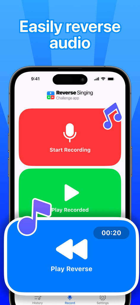 Interface of the Reverse Singing Challenge app showing large buttons for recording and reversing audio