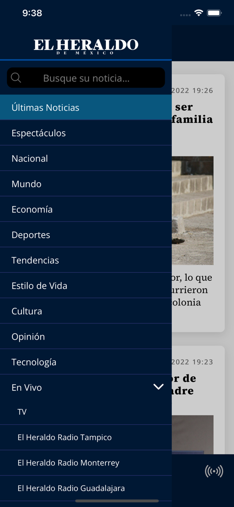 Seitenleisten-Navigationsmenü der El Heraldo de Mexico Nachrichten-App mit Kategorien wie National, Welt und Wirtschaft.