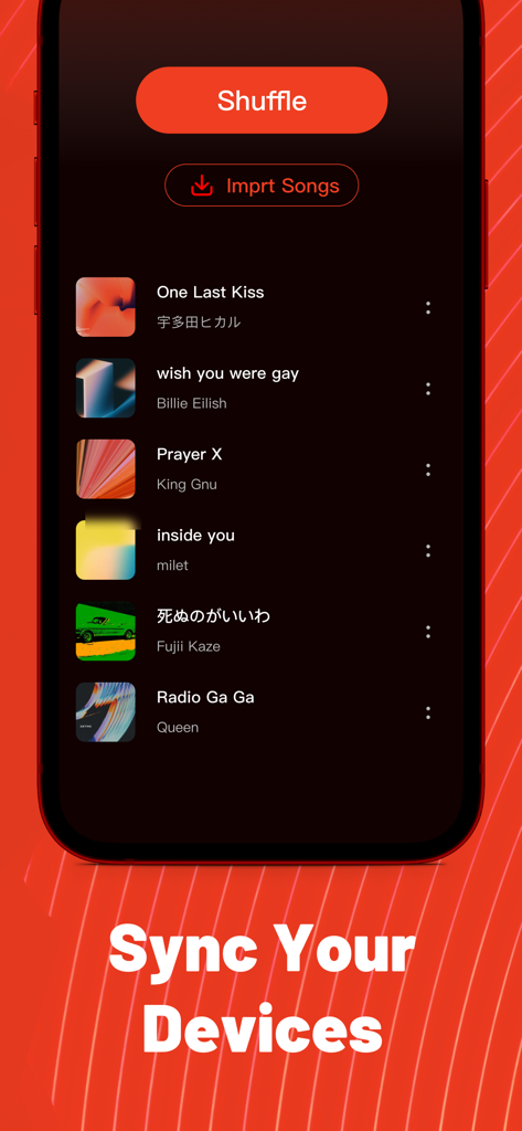 Music Quick app interface showing a song playlist with options to shuffle and import songs under the heading Sync Your Devices