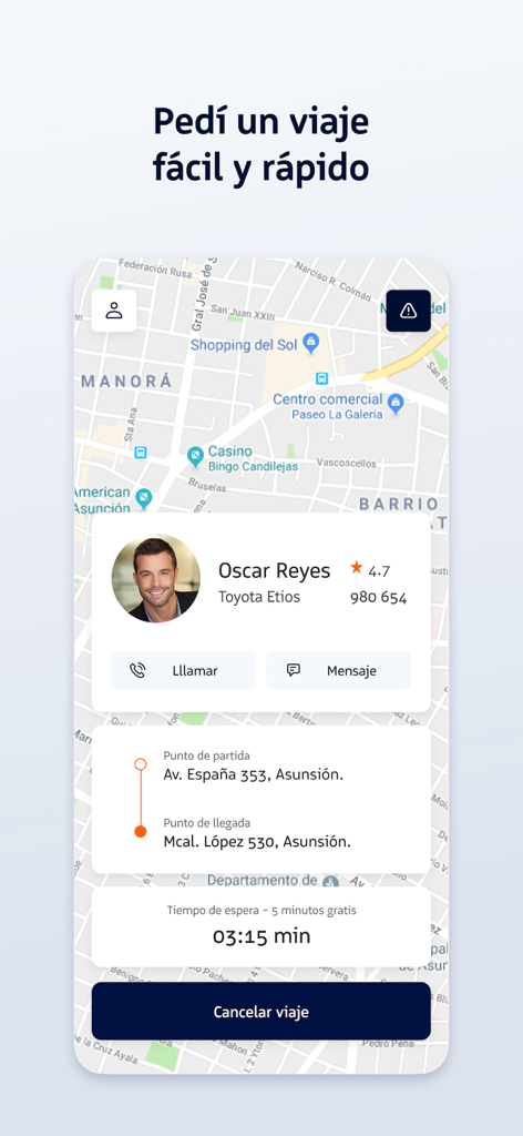 MUV app screenshot showing a ride request with driver details and a map of Asuncion.