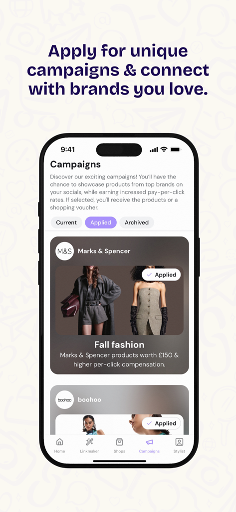 stylink – your creator tool - Die stylink App-Oberfläche zeigt Brand-Kooperationskampagnen für Influencer, darunter Marks and Spencer und boohoo