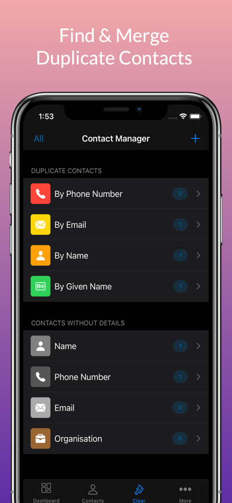 Contact Manager + - Pantalla de la aplicación Contact Manager que muestra opciones para encontrar y fusionar contactos duplicados por número de teléfono, correo electrónico y nombre