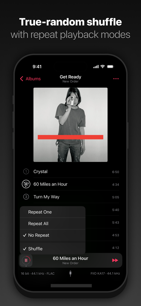 Pentaton: HiFi Offline Music - Pentaton music player interface showing true-random shuffle and repeat playback options for a high-fidelity FLAC album.