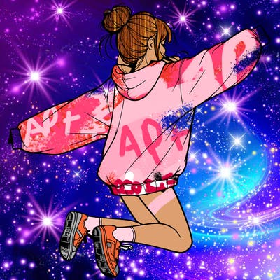 realistic girl jumping with a bun and oversized sweatshirt