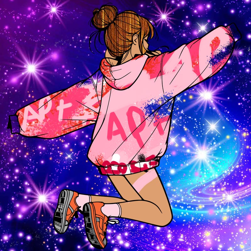 realistic girl jumping with a bun and oversized sweatshirt