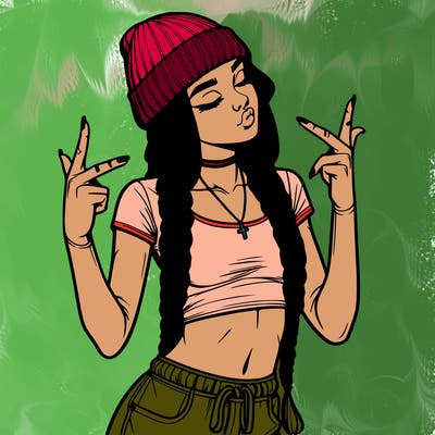 realistic teenage girl with braids and a beanie and crop top doing 🫶🏼