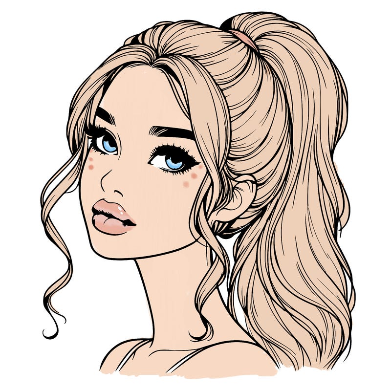 realistic girl with a ponytail on her hair and lips