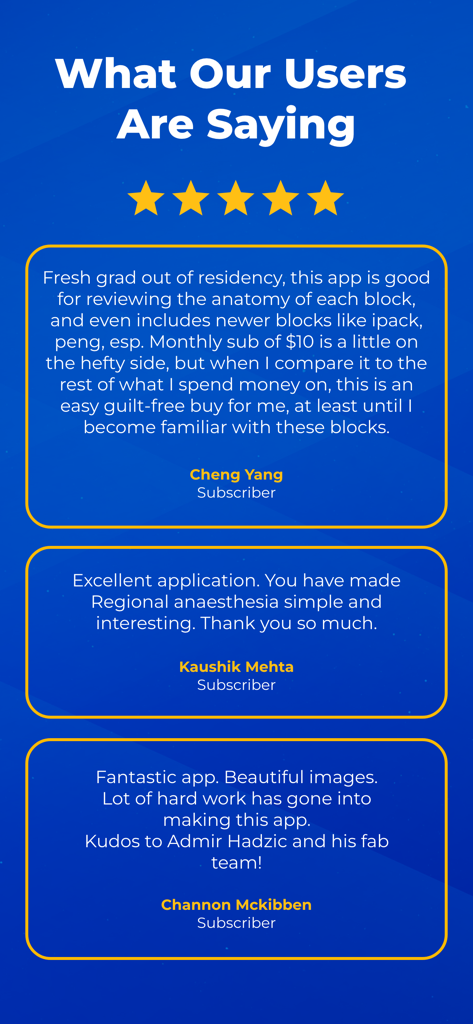 Customer testimonials and five star ratings for the NYSORA Nerve Blocks medical app