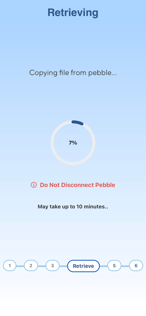 myWaves App - Captura de tela do aplicativo myWaves mostrando uma barra de progresso para recuperar dados de sono de um dispositivo pebble