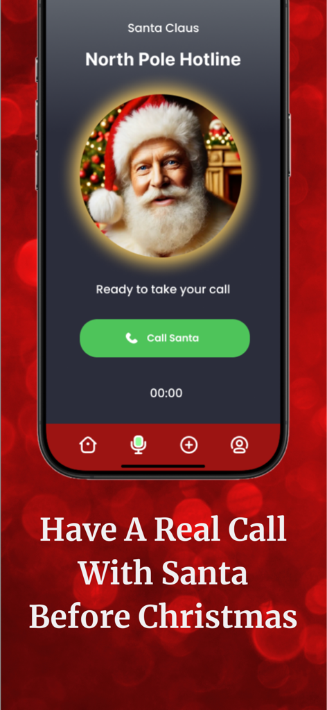 Mobile app screen showing the North Pole Hotline with a button to call Santa Claus.