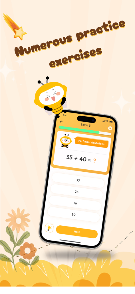 Una pantalla móvil que muestra un problema de suma de matemáticas de segundo grado con opciones de respuesta múltiple