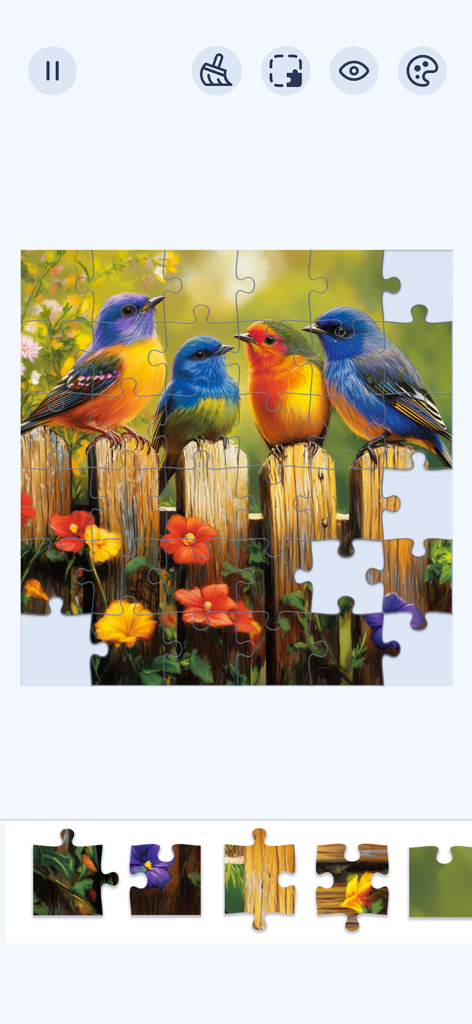 Jigsawgram: Jigsaw Puzzle - Gameplay screen of Jigsawgram puzzle app featuring colorful birds on a wooden fence