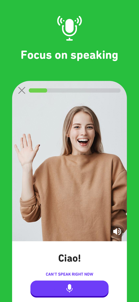 Screenshot of iSpeak app showing a woman waving and the text Focus on speaking with a microphone button for conversational practice