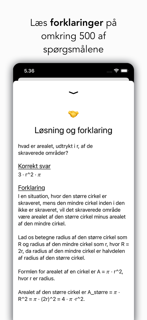 Kvote 2 Quiz - Un écran d'application mobile montrant une solution mathématique et une explication détaillée pour une question de géométrie en danois