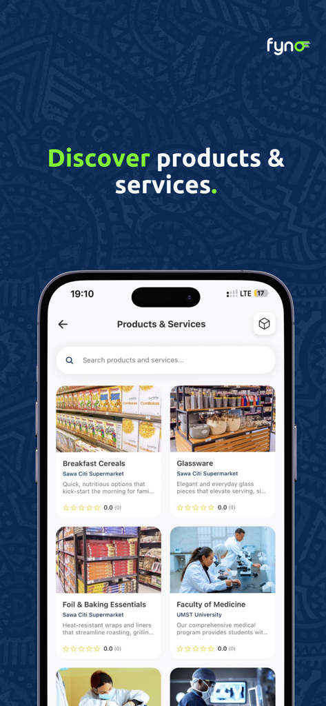 Fynd Rwanda - Fynd Rwanda mobile app screen showing a search results page for local products and services like groceries and educational programs