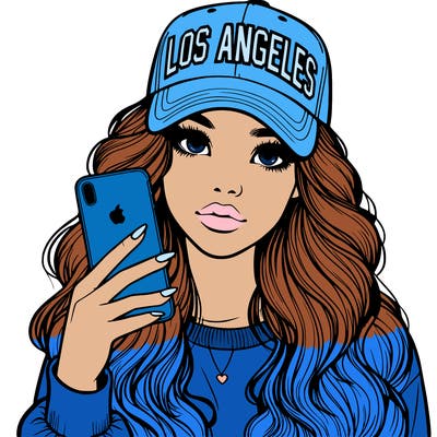realistic beautiful girl wearing los ángeles cap holding an iphone