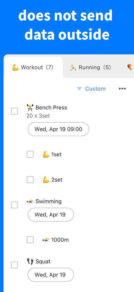 Interfaz de la aplicación ToDo for Google que muestra una lista de tareas de entrenamiento con un encabezado que indica que los datos no se envían fuera.