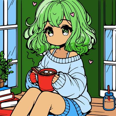 cute anime girl reading book and drinking hot chocolate from mug with loose wavy hair wearing a baggy sweatshirt and shorts sitting by windowsill looking out