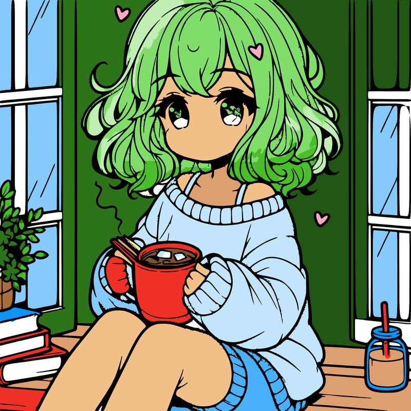 cute anime girl reading book and drinking hot chocolate from mug with loose wavy hair wearing a baggy sweatshirt and shorts sitting by windowsill looking out