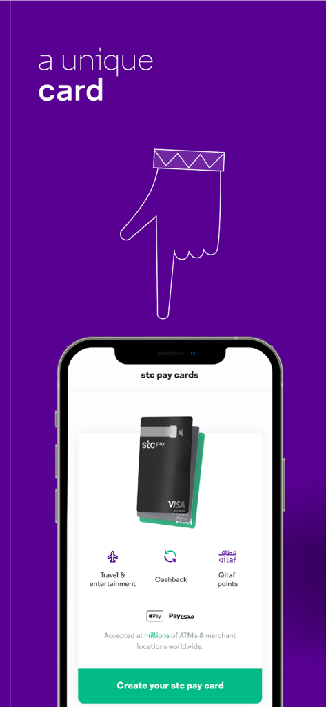 stc pay - Interface of stc pay app showcasing unique digital Visa cards with cashback and travel rewards