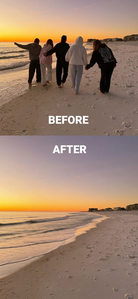 Remove Objects from Photo: PRO - Una comparación antes y después mostrando personas eliminadas de una foto de playa al atardecer