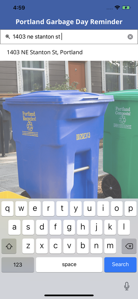 Portland Garbage Day Reminder - Address search screen of the Portland Garbage Day Reminder app featuring curbside recycling and compost bins background.