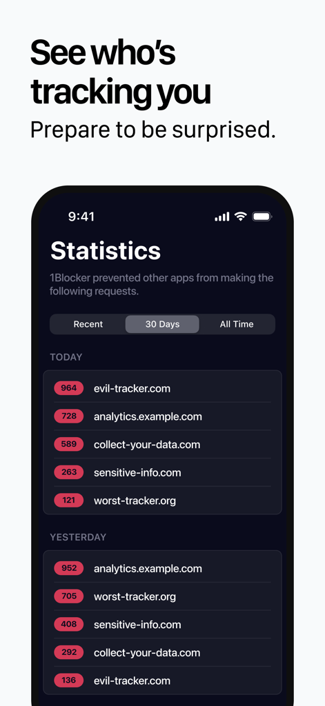 1Blocker - iPhone screen showing 1Blocker statistics for blocked trackers and domains