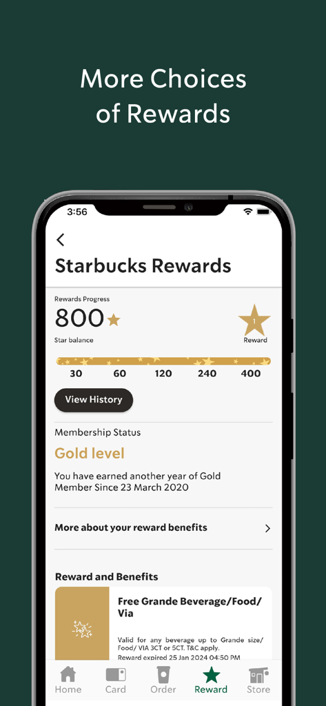 Pantalla de la aplicación Starbucks Indonesia que muestra el estado de membresía de nivel oro y las estrellas de recompensa ganadas