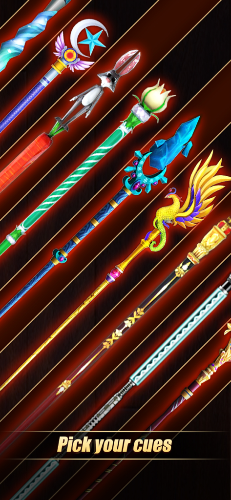 Billiards City - 8 Ball Pool - A collection of colorful and uniquely designed pool cues in the Billiards City game.