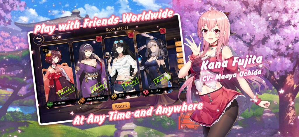 다양한 애니메이션 캐릭터와 전 세계 플레이 옵션을 특징으로 하는 마작 소울 온라인 멀티플레이어 로비 화면.