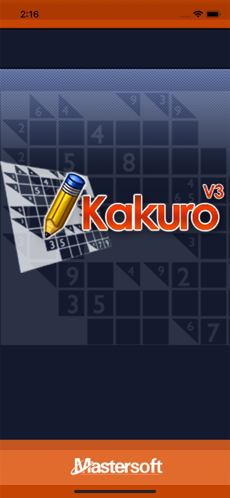 Kakuro u V3 splash screen with game title and pencil graphic over a puzzle grid