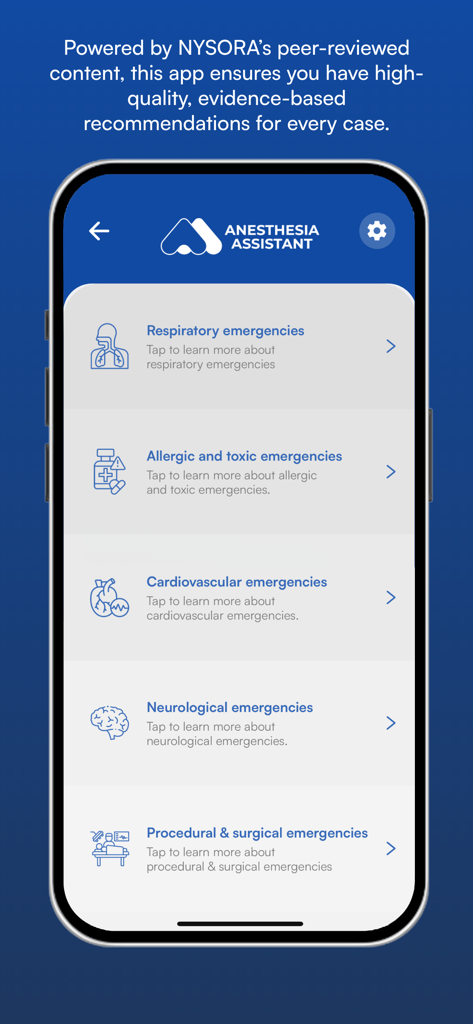 NYSORA Anesthesia Assistant - Bildschirm der mobilen NYSORA Anästhesie-Assistent App, der Kategorien für anästhesiologische Notfälle wie Atemwegs- und Herz-Kreislauf-Notfälle auflistet
