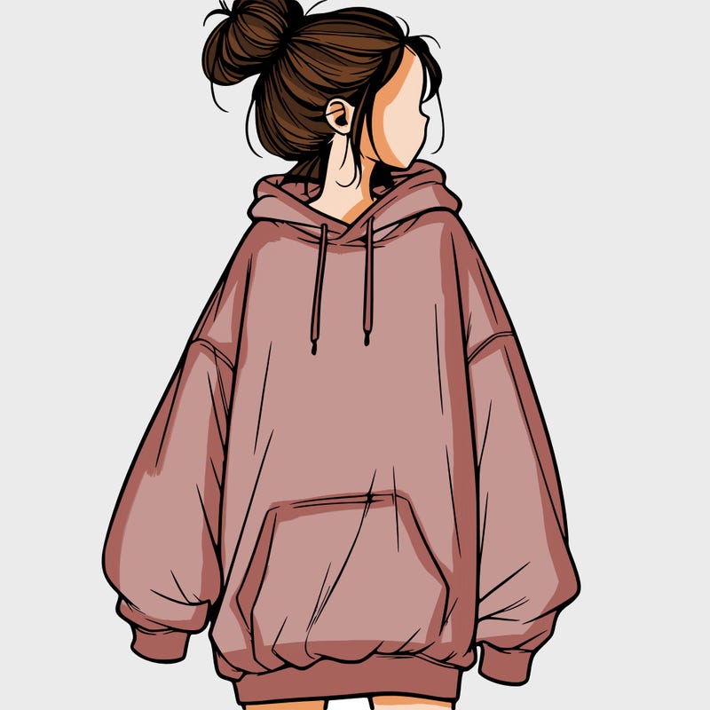 realistic girl with a oversized sweatshirt on and a bun