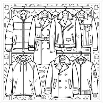 Dive into the world of men's fashion with this intricate coloring page featuring a diverse collection of jackets and coats. Unleash your inner designer as you bring these stylish outerwear pieces to life with your favorite colors.