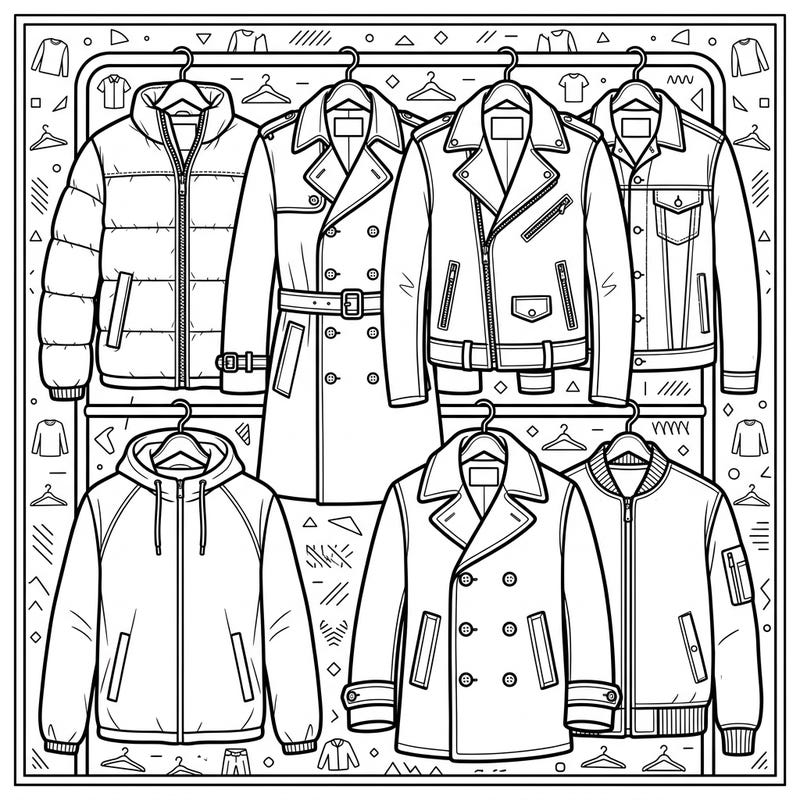Dive into the world of men's fashion with this intricate coloring page featuring a diverse collection of jackets and coats. Unleash your inner designer as you bring these stylish outerwear pieces to life with your favorite colors.
