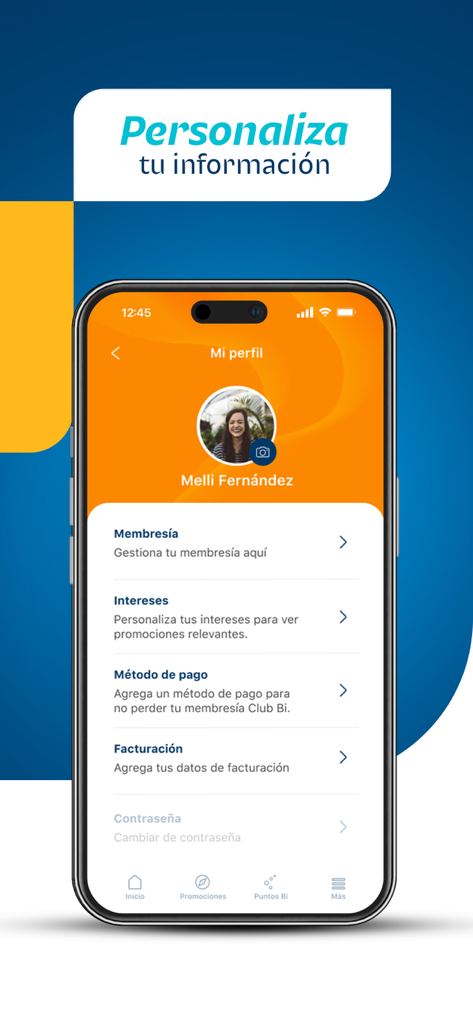 Club Bi - Pantalla de configuración del perfil de la aplicación móvil Club Bi que muestra opciones para membresía y métodos de pago.
