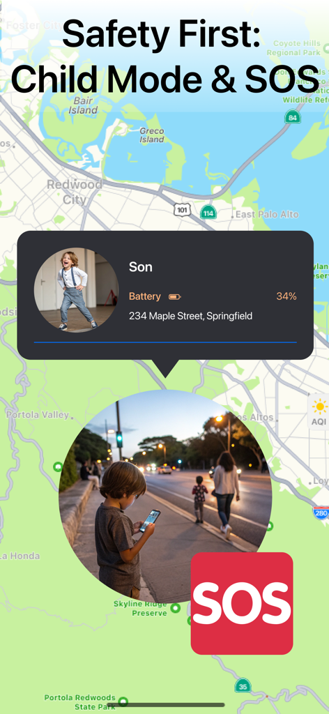 Phone Tracker by Number aрp - 「電話番号で追跡」アプリで、リアルタイム位置情報とSOSボタンを備えた子供モードが表示されている。