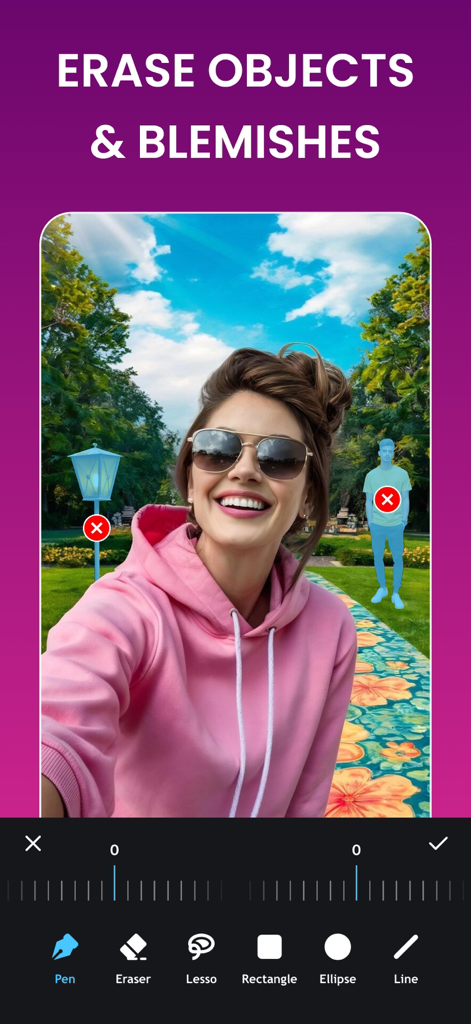 A woman in a pink hoodie using the Body Tune app to erase background objects like a lamp post and a person from her photo.