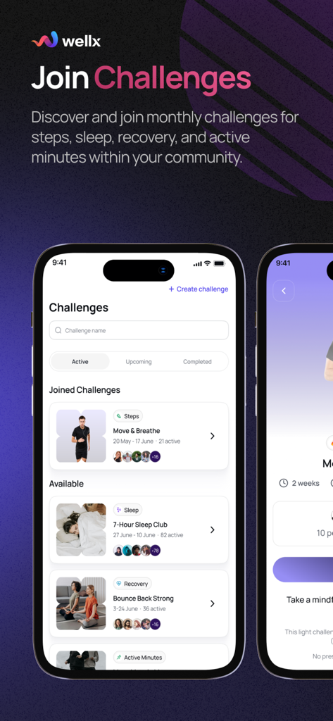 Wellx.ai - Wellx app interface displaying community challenges for steps sleep and recovery